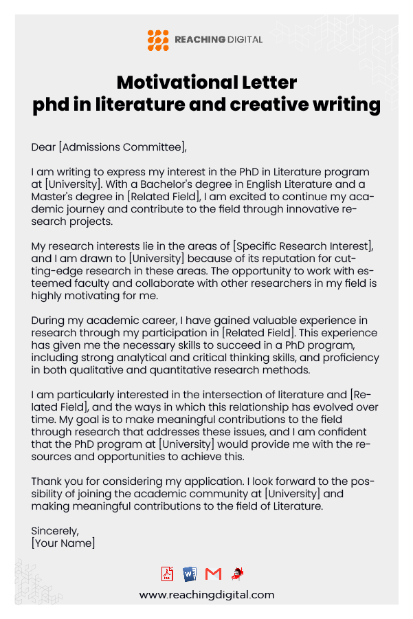 Motivation Letter For Ph.D. in Literature Sample