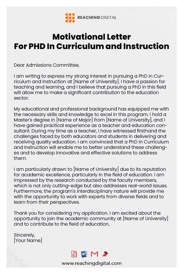 Sample Motivation Letter For PHD In Curriculum and Instruction